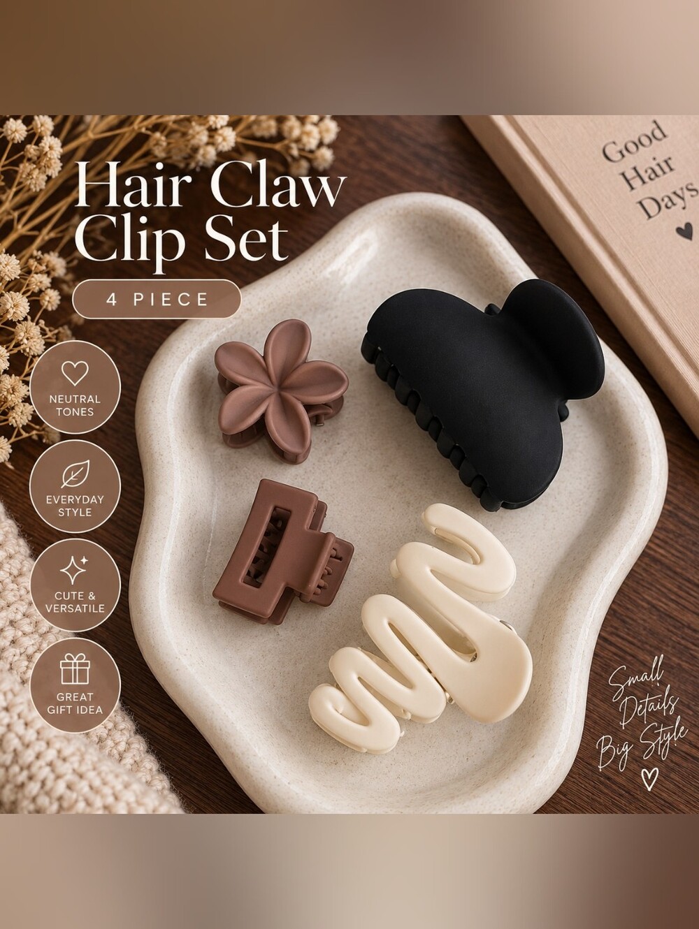 Neutral Matte Hair Claw Clip Set – 4 Piece New